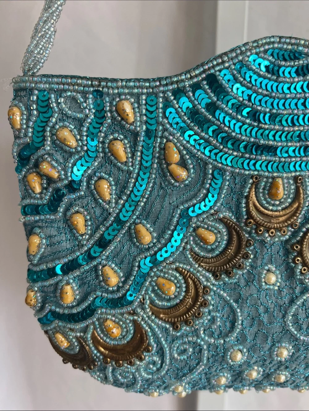 Embellished Vintage Turquoise Sequin Shoulder Bag Peacock Design Beaded Strap